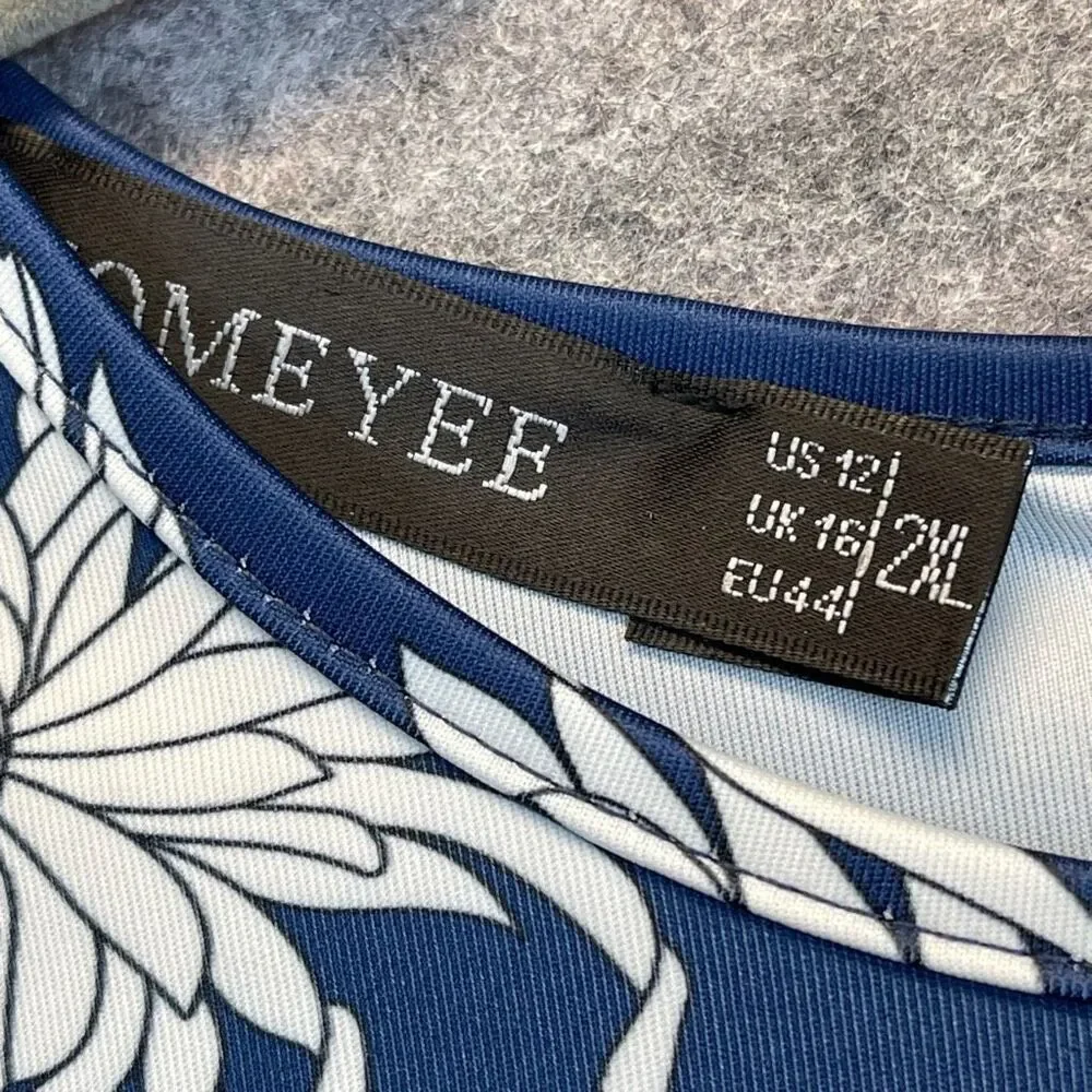 HOMEYEE Dress Size 2XL Blue White Floral Round Neck Midi A-Line Pleated Swing - Picture 4 of 16